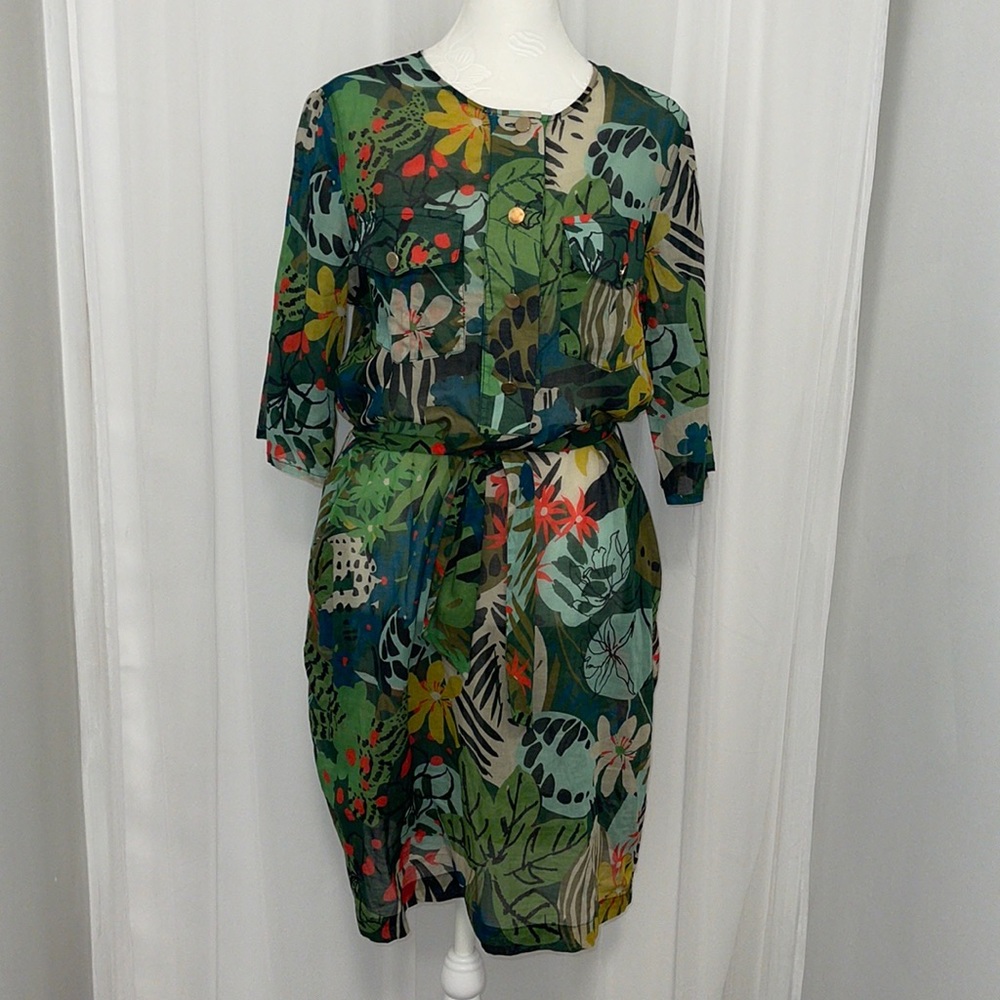 VILAGALLO Size 42 (US 10 or L) Tropical Floral Belted Shirt Dress with POCKETS!